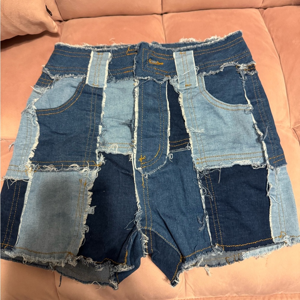 Patchwork Distressed Two Toned Denim Shorts